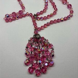 Elegant vintage long Pink crystal tassle Beaded Necklace